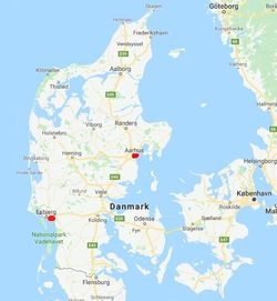 Map of Denmark, with mark of Global Marine Surveyors two branch office
